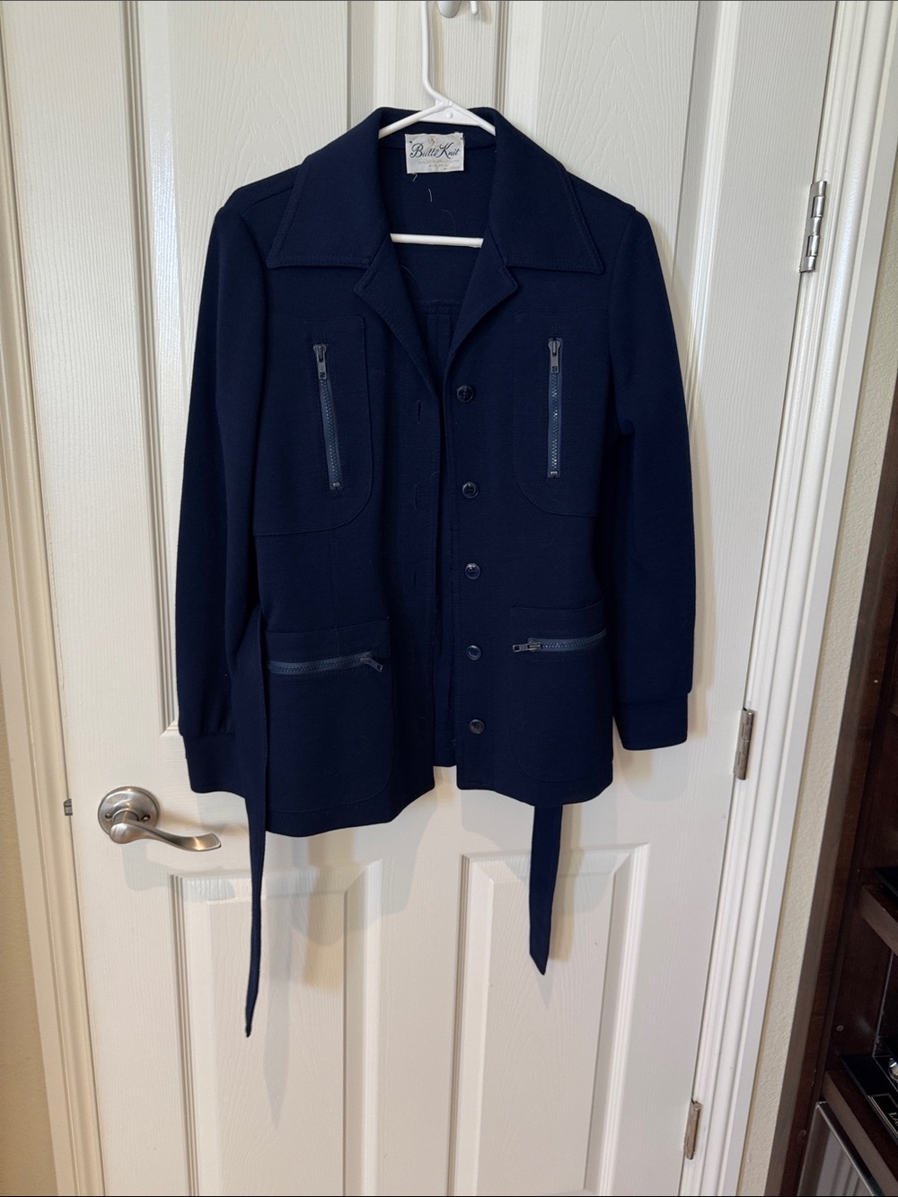 Navy Knit Button-Front Shirt Jacket with Zip Pockets